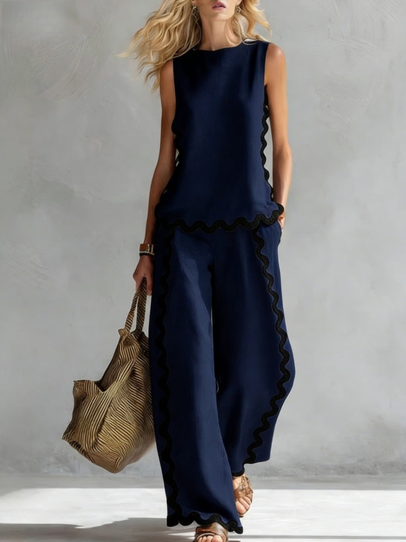 Boho Floral Trim Sleeveless Wide Leg Two Piece Set