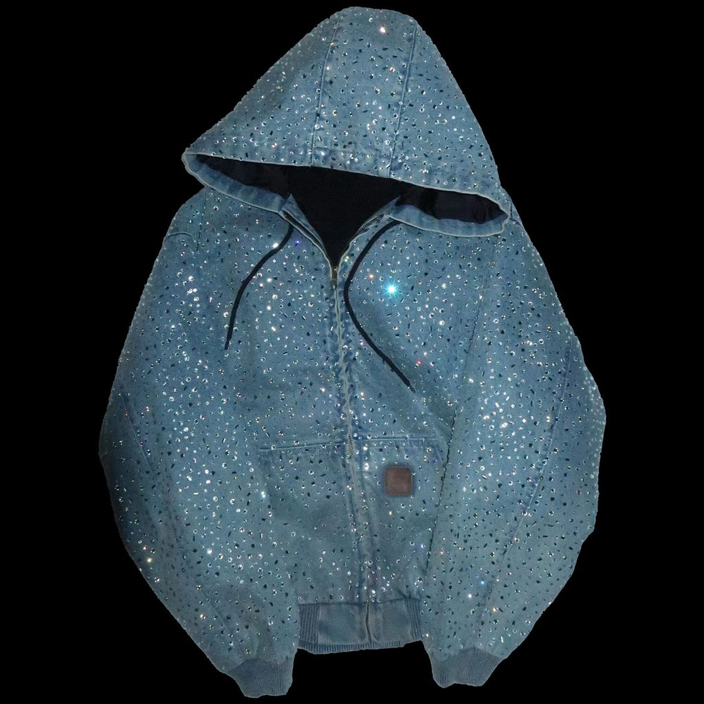 Rhinestone Denim Hooded Jacket Full Crystal Zip Up Unisex