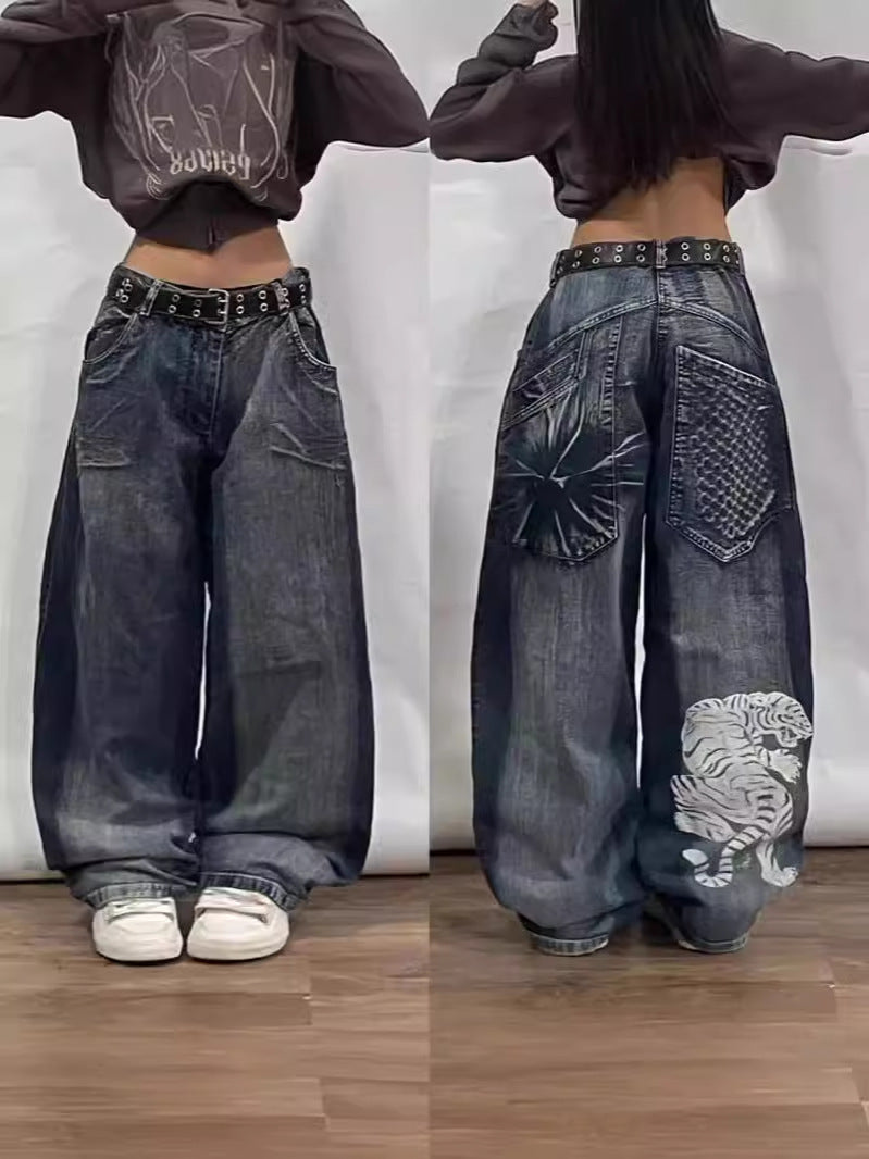 JNCO Style Y2K Baggy Jeans Drachen- & Poker-Stickerei Streetwear Denim-Hose
