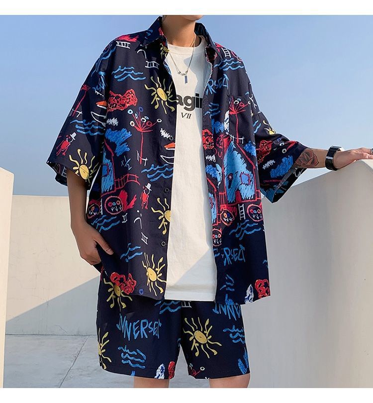 Couple Quick Dry Floral Loose Tropical Beach Shirt Shorts Set