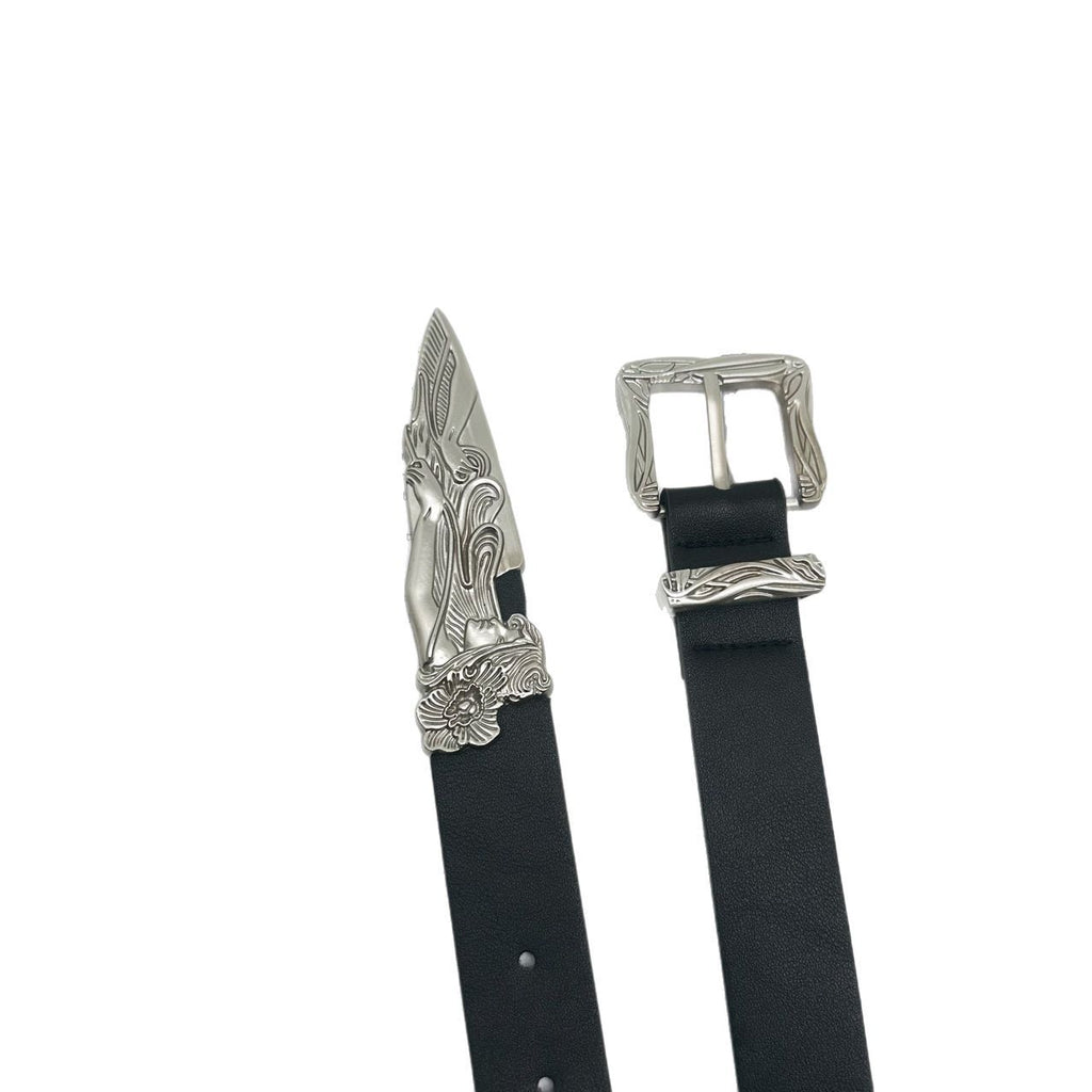 Retro Western Engraved Mermaid Dagger Leather Belt Streetwear Unisex