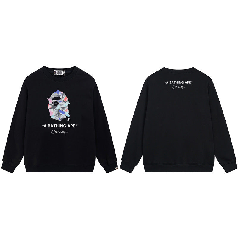 Bape Arch Letter Shark Ape Head Washed Oversized Crewneck Streetwear