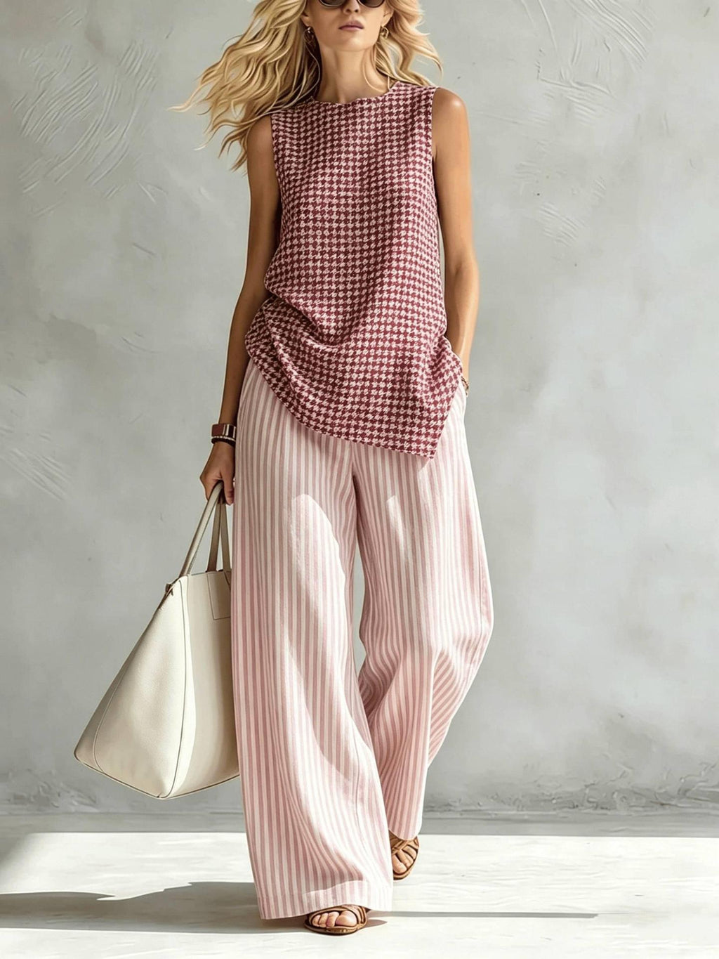 Boho Floral Trim Sleeveless Wide Leg Two Piece Set