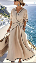 Women Boho V Neck Twist Front Trim Loose Linen Beach Maxi Dress
