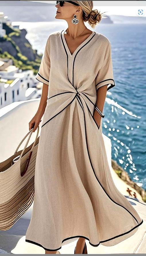 Women Boho V Neck Twist Front Trim Loose Linen Beach Maxi Dress