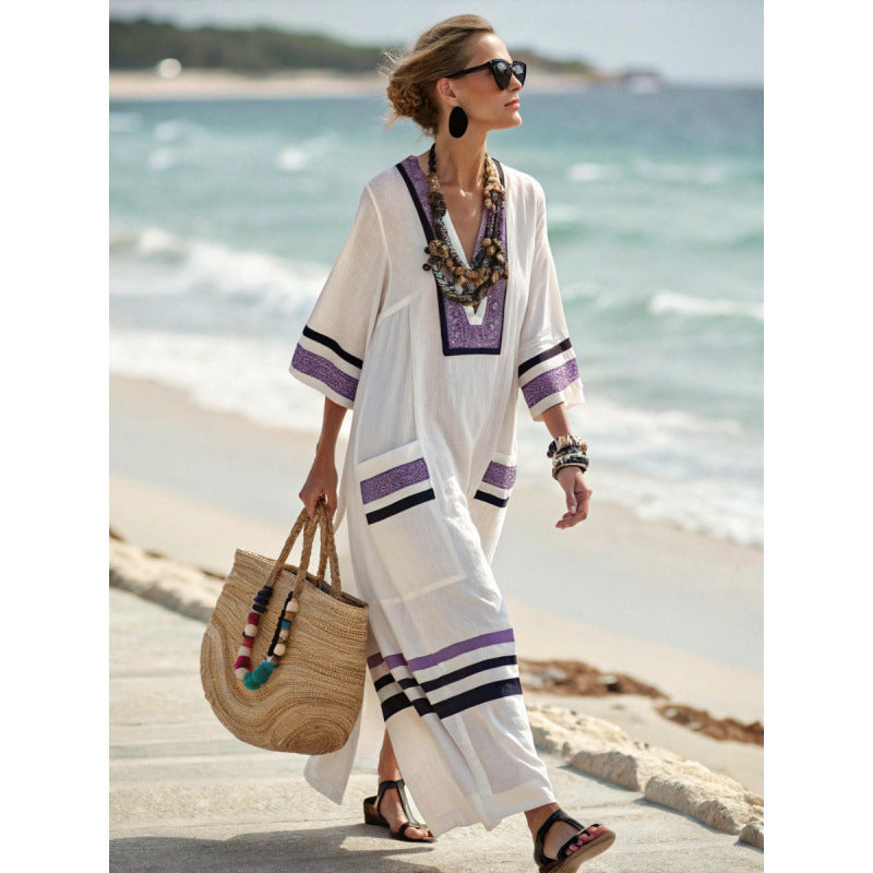 Women Boho V Neck Patch Pocket Print Loose Kaftan Maxi Beach Dress