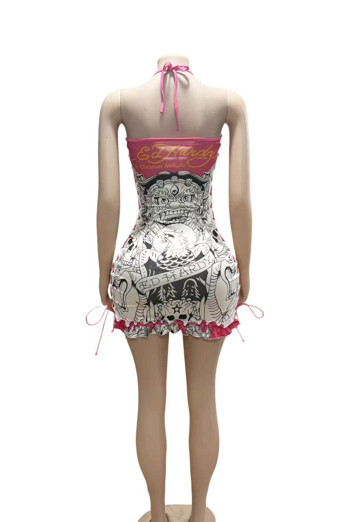 Vintage Skull Print Lace Up Cami Mini Dress Halloween