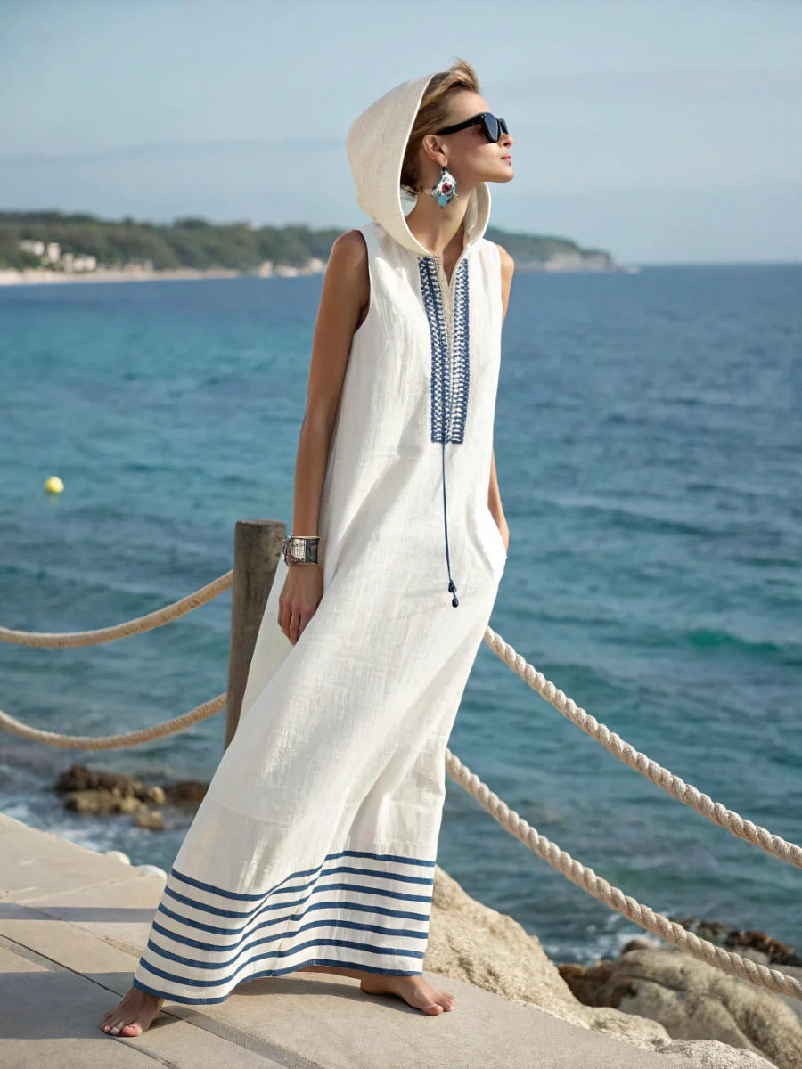 Women Boho Striped Hooded Sleeveless Slit Pocket Kaftan Maxi Beach Dress
