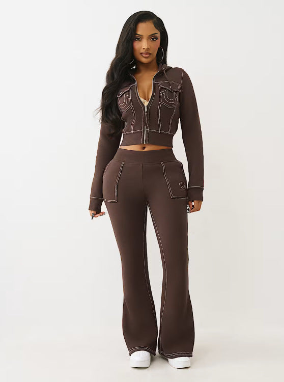 Y2K True Religion Contrast Stitch Embroidery Crop Hoodie 2 Piece Set