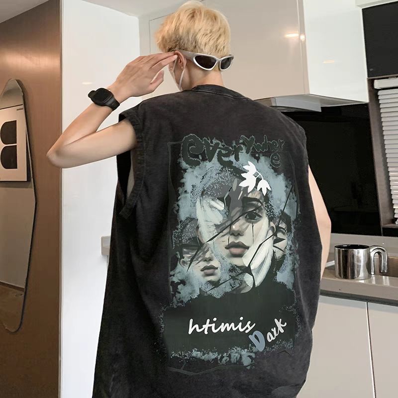 Vintage Washed Graphic Tank Cotton Loose Streetwear Sleeveless Vest