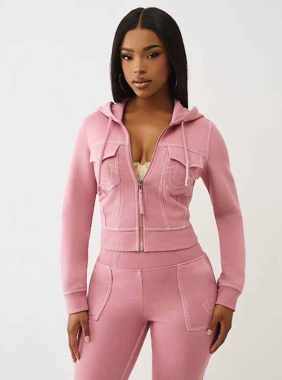 Y2K True Religion Contrast Stitch Embroidery Crop Hoodie 2 Piece Set
