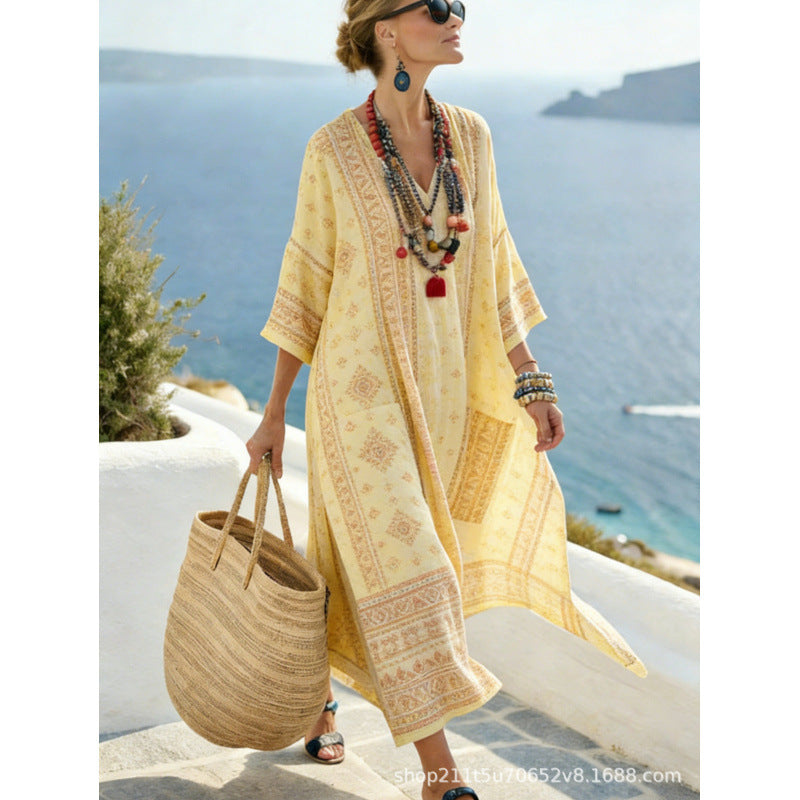 Women Boho Border Print V Neck Loose Kaftan Maxi Beach Dress