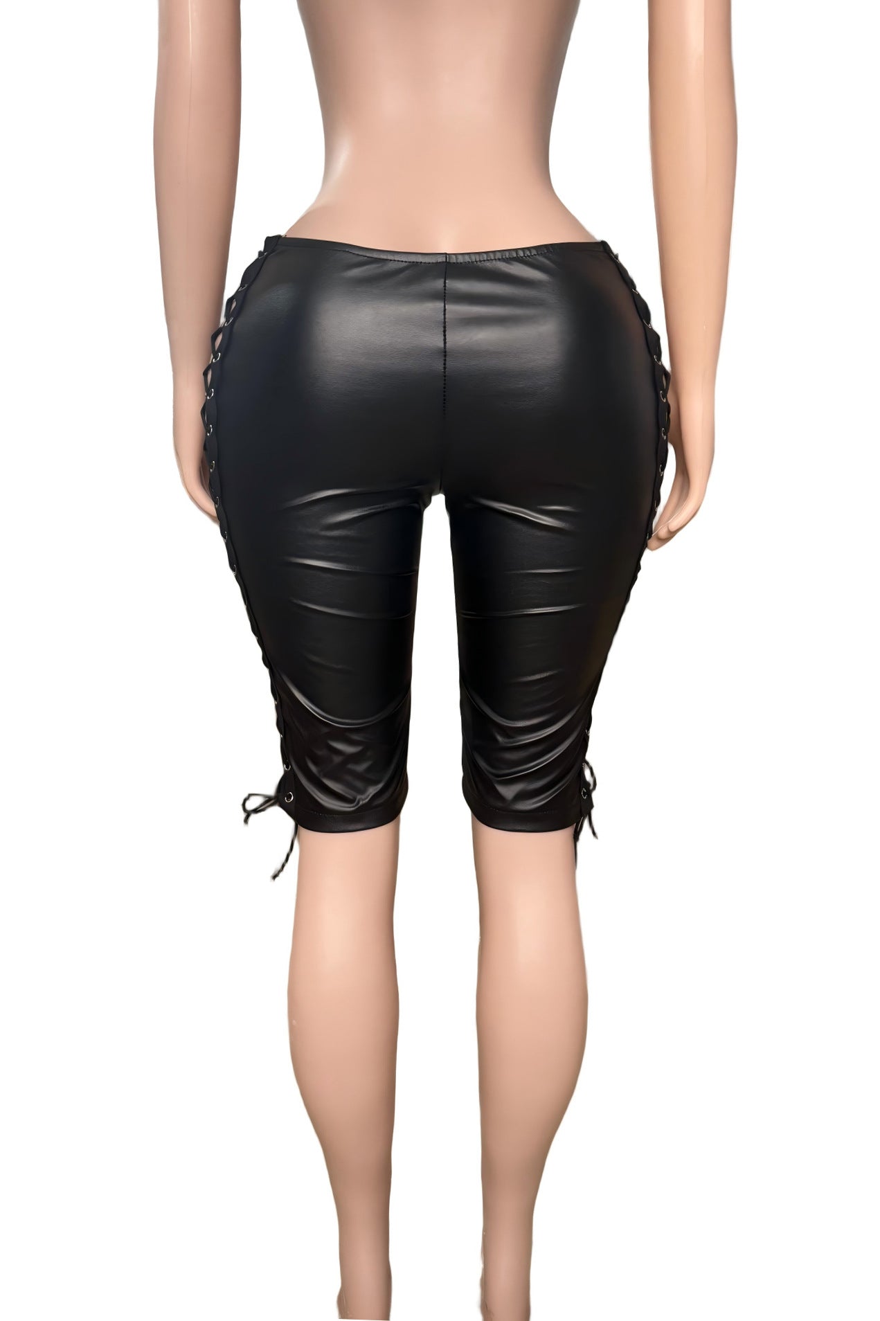 Y2K Eyelet Lace Up Faux Leather Stretch Capri Pants
