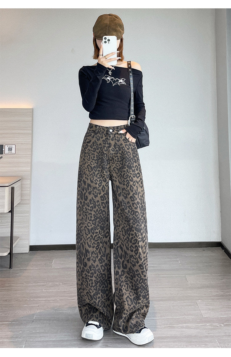 Leopard Print Wide Leg Denim Jeans High Waist Loose Straight Pants