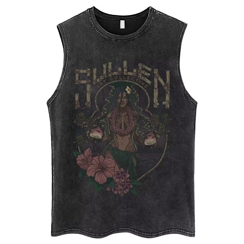 Vintage Washed Graphic Tank Mens Loose American Hip Hop Sleeveless Tee