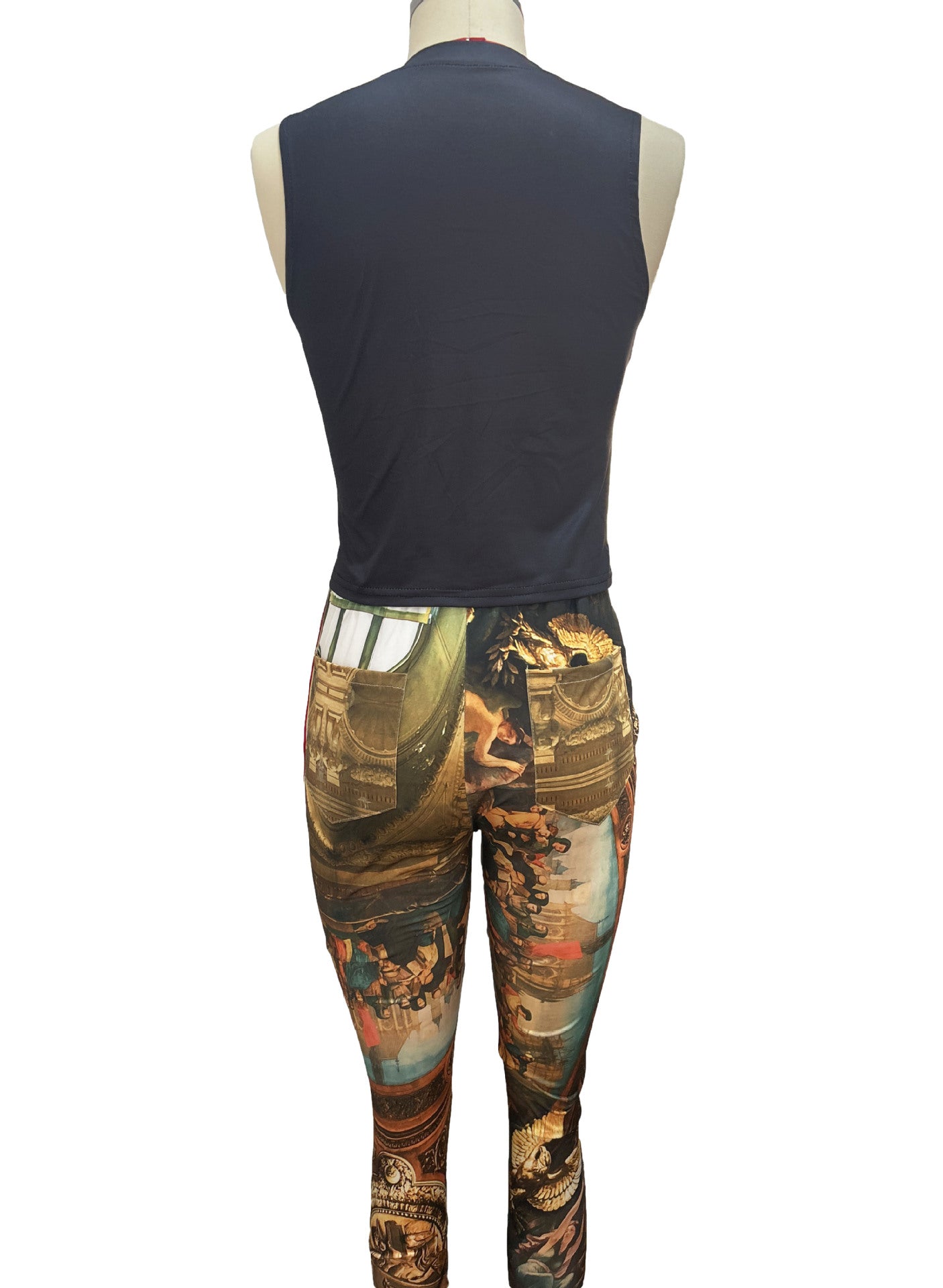 Vintage Oil Painting Print Sleeveless Crop Top Leggings 2 Piece Set