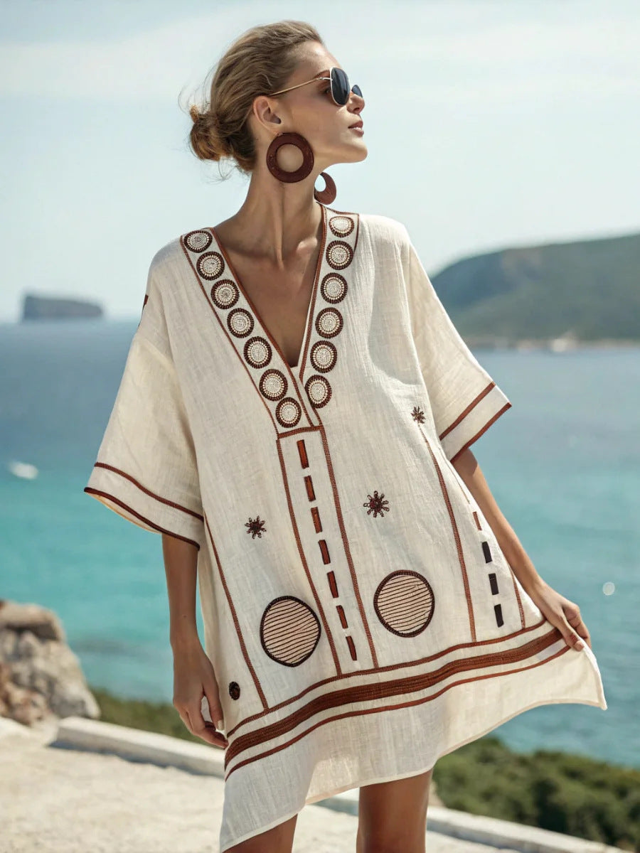 Women Boho Vertical Striped V Neck Loose Short Kaftan Beach Dress