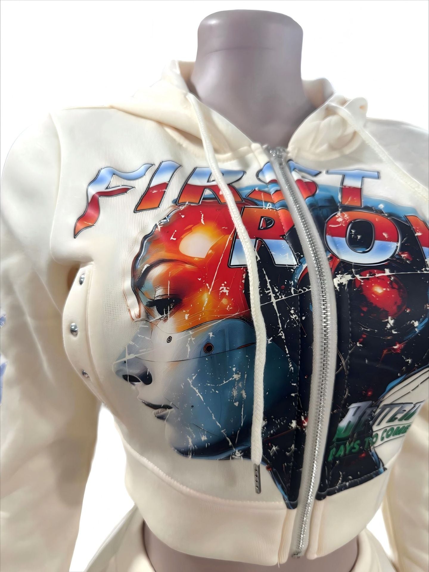 First Row Post Human New Born Zip Crop Hoodie Flare Jogger 2 Piece Set Women