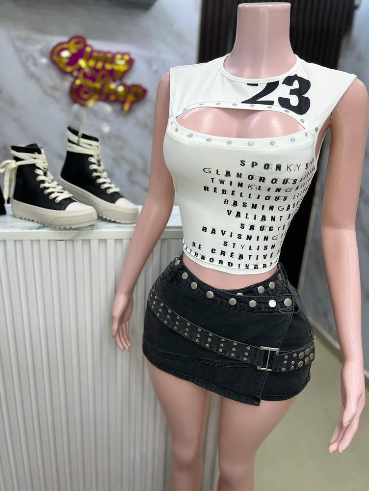 Letter Print Cutout Sleeveless Crop Tank Top Women