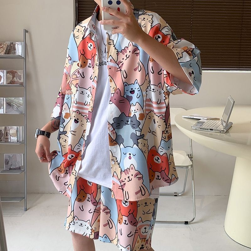 Couple Quick Dry Floral Loose Tropical Beach Shirt Shorts Set