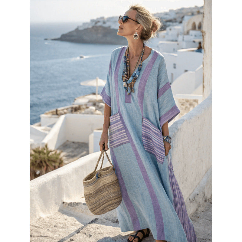 Women Boho V Neck Patch Pocket Print Loose Kaftan Maxi Beach Dress