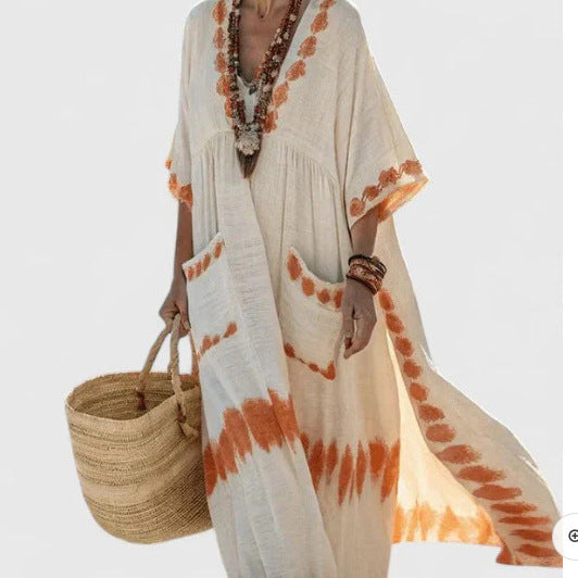 Women Boho Striped V Neck Patch Pocket Loose Kaftan Maxi Beach Dress