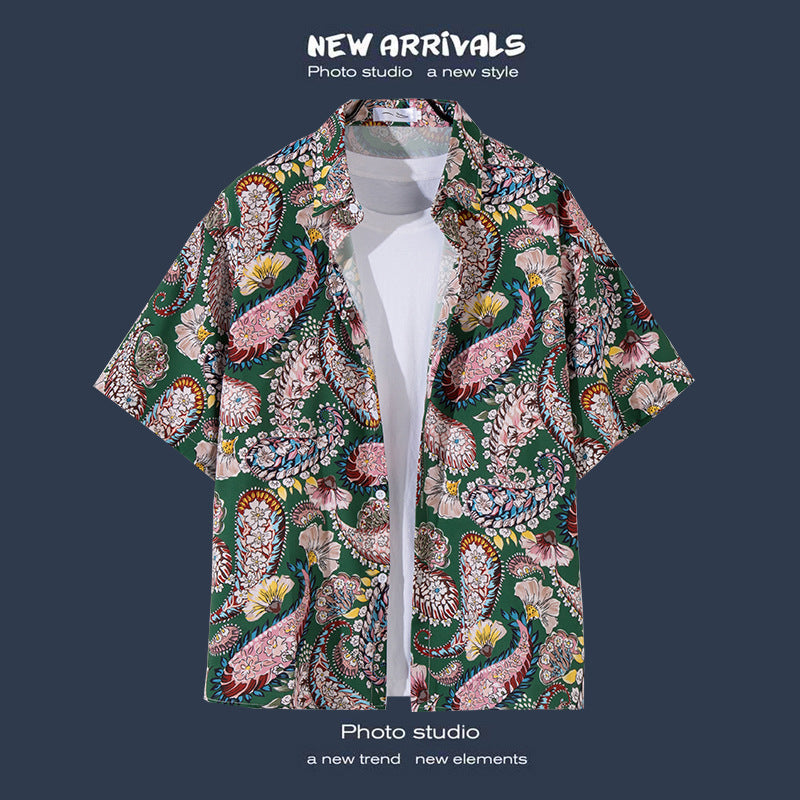 Mens Vintage Tropical Hawaiian Floral Loose Short Sleeve Beach Shirt