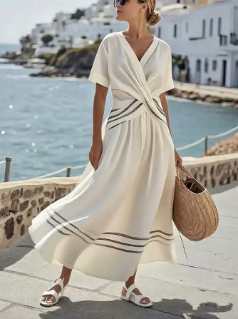 Women Boho Vertical Striped V Neck Wrap Loose Beach Maxi Dress
