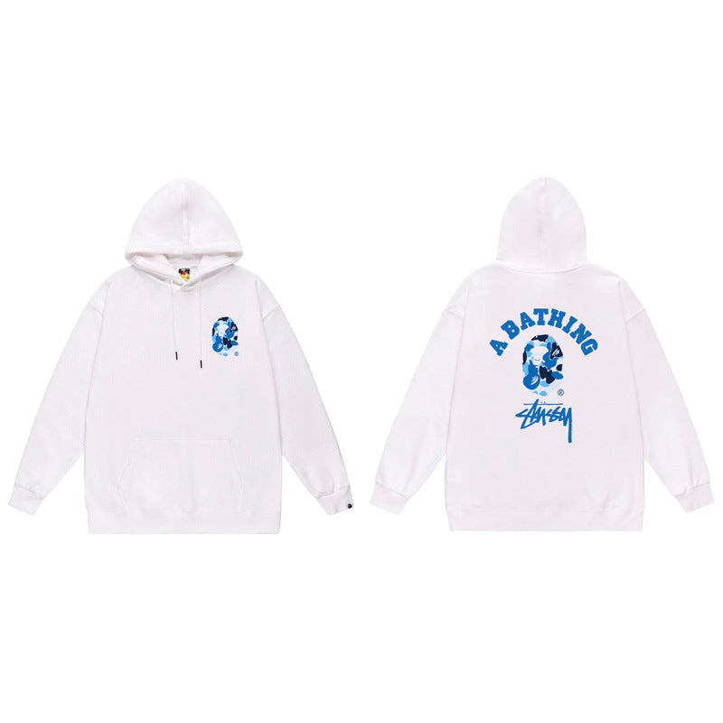 BAPE x Stussy Shark Graphic Hoodie Street Cotton Pullover Sweatshirt