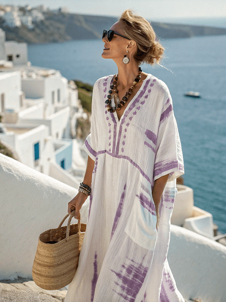 Women Boho Striped V Neck Patch Pocket Loose Kaftan Maxi Beach Dress