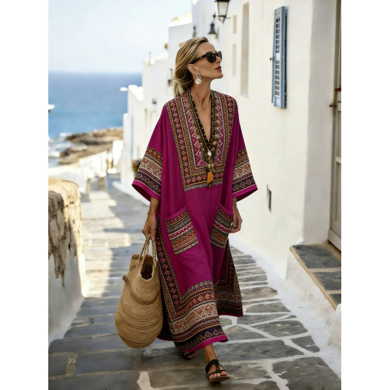 Women Boho Striped V Neck Open Front Loose Kaftan Maxi Beach Dress