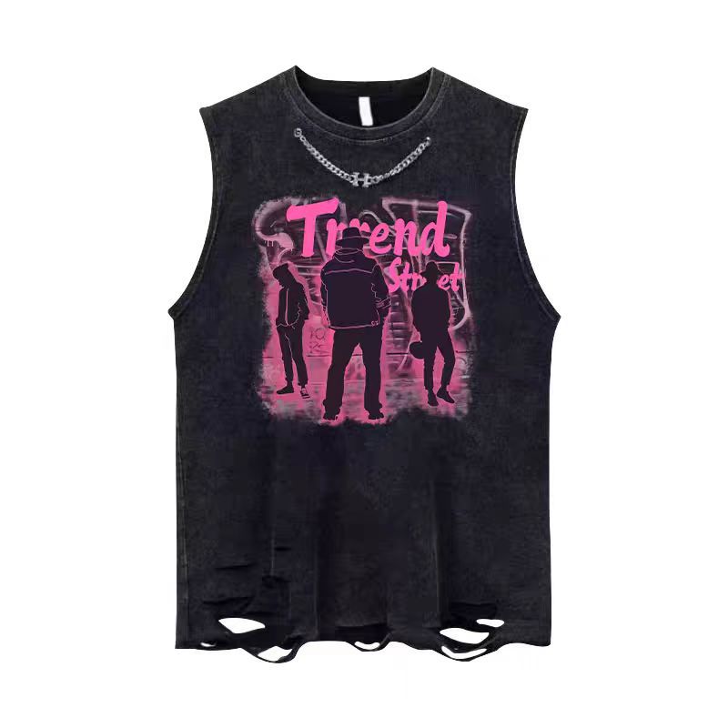 Vintage Washed Graphic Cotton Tank Mens Loose Sleeveless Vest