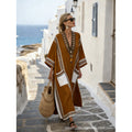 Women Boho Border Print V Neck Loose Kaftan Maxi Beach Dress