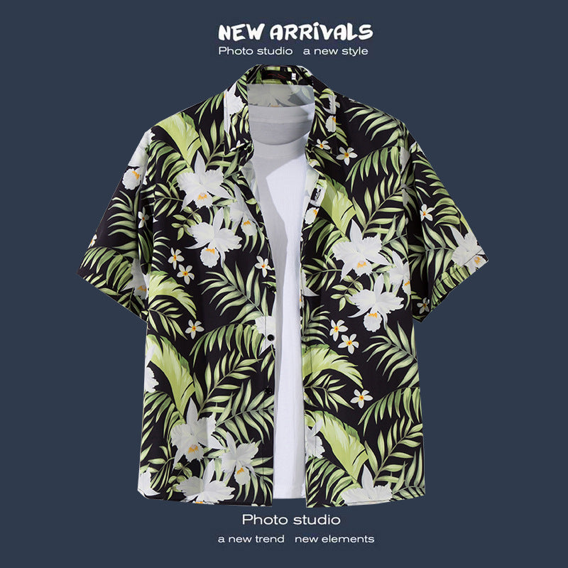 Mens Vintage Tropical Hawaiian Floral Loose Short Sleeve Beach Shirt