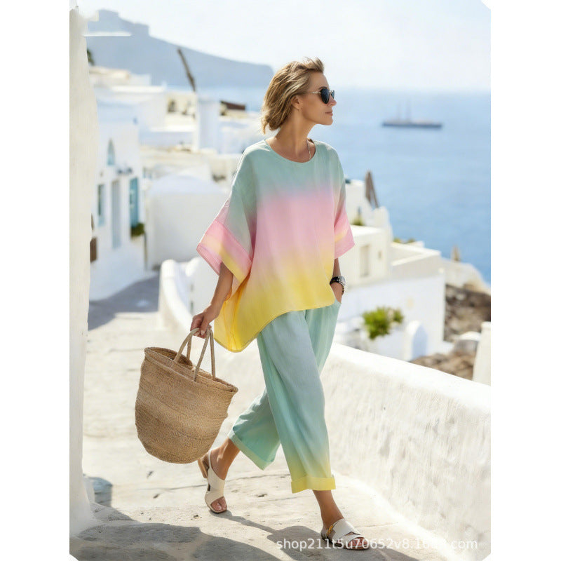Women Boho Gradient Print Round Neck Batwing Loose Beach Two Piece Set