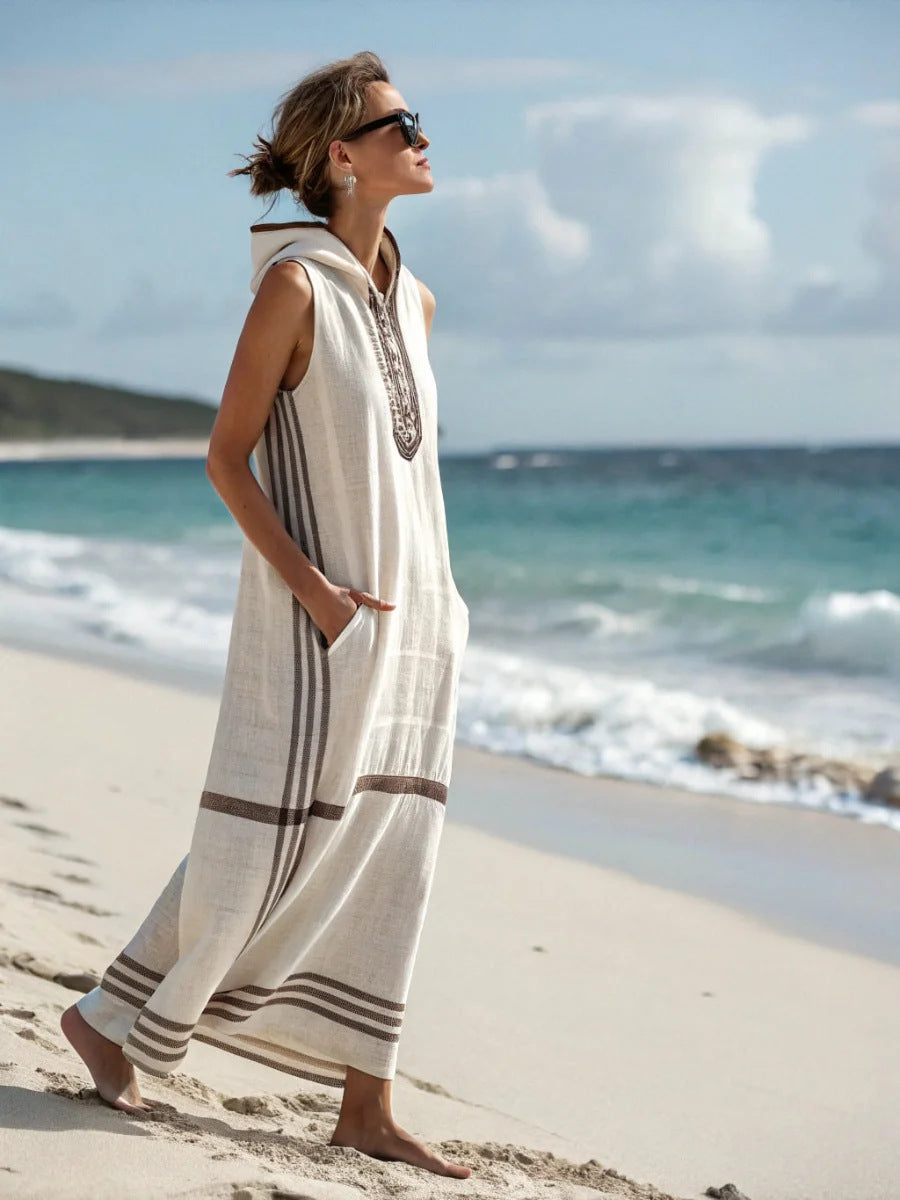 Women Boho Striped Hooded Sleeveless Slit Pocket Kaftan Maxi Beach Dress
