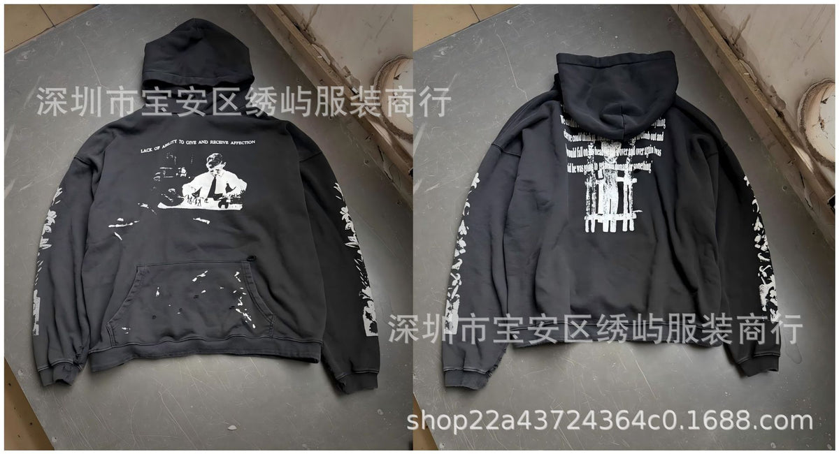 ERD Distressed Photo Letter Print Hoodie Vintage Cotton Pullover