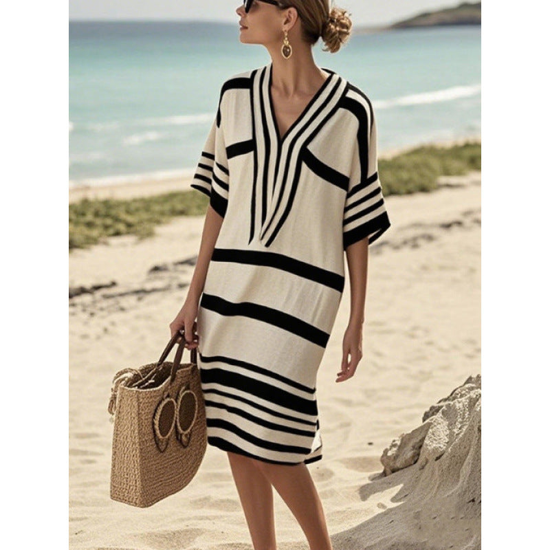 Women Boho Striped V Neck Loose Kaftan Midi Beach Dress