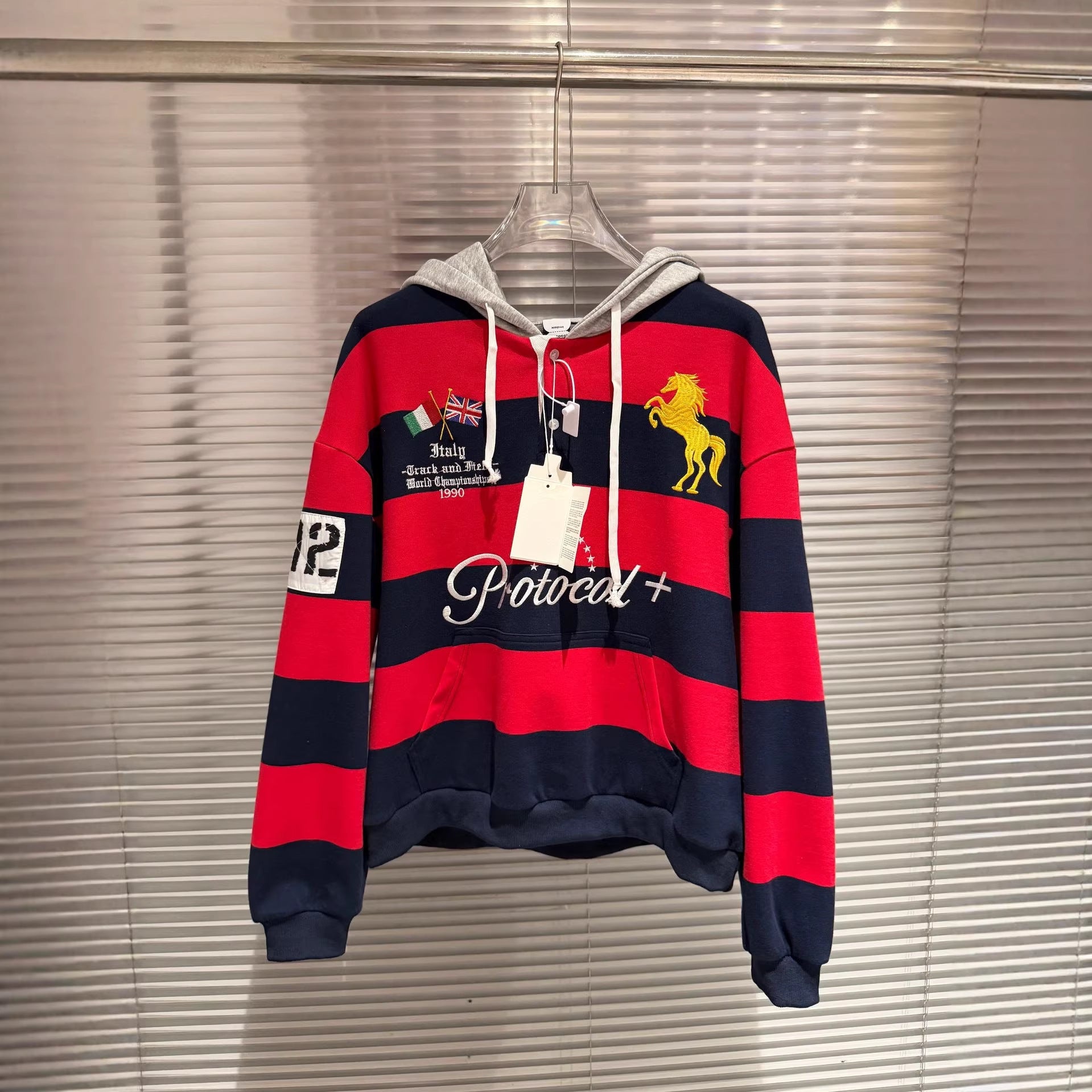 Protocol Index Striped Horse Embroidery Hoodie Rugby Sweatshirt Unisex