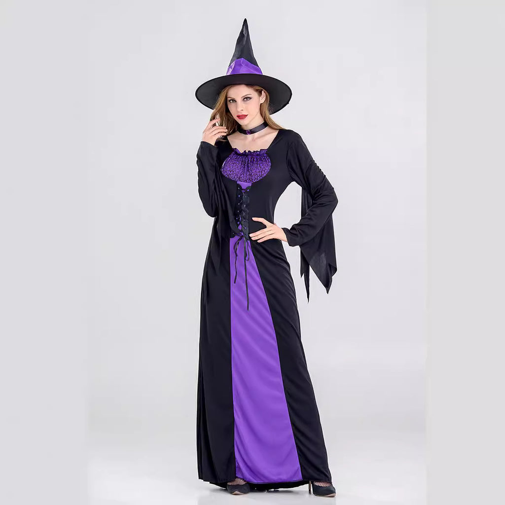 Halloween Women Purple Black Witch Cosplay Long Dress With Hat/Choker