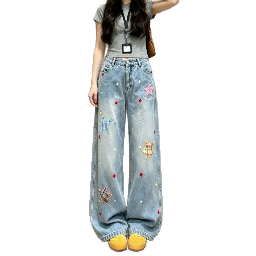 Light Wash Star Patch Wide Leg Denim Jeans Loose Floor Length Pants