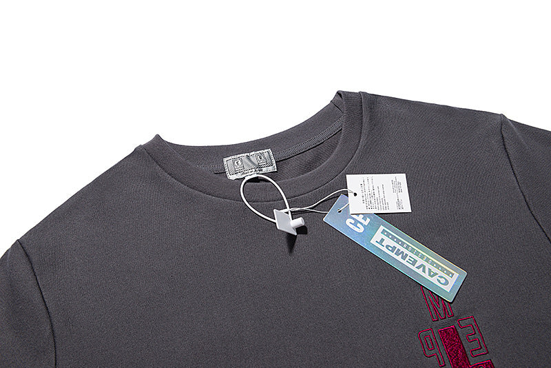 Washed Wax Dye Cross Letter Embroidery Crew Neck Long Sleeve T Shirt