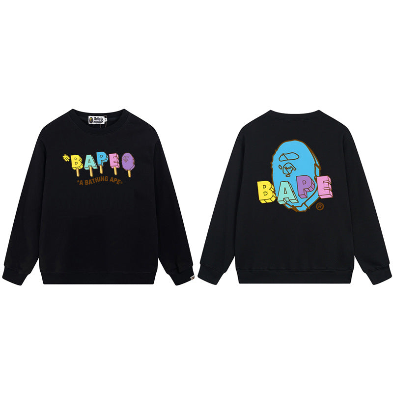 Bape Arch Letter Shark Ape Head Washed Oversized Crewneck Streetwear