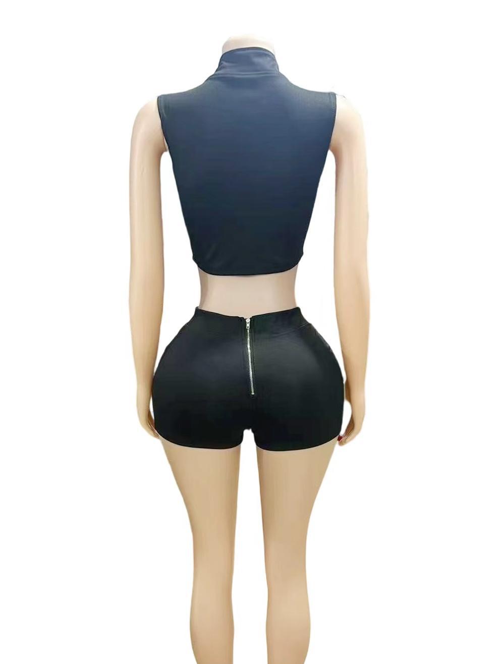 Solid Zip Front Sleeveless Crop Tank Biker Shorts 2 Piece Set
