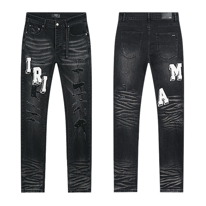 Amiri Letter Patch Distressed Patchwork Stretch Slim Tapered Jeans