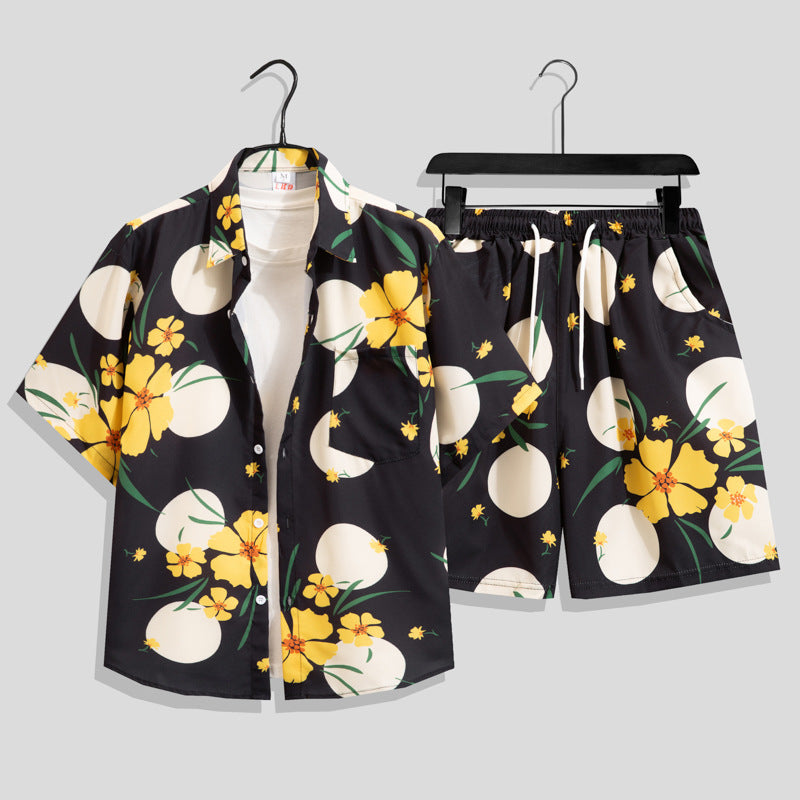 Ice Silk Quick Dry Couple Floral Loose Beach Shirt Shorts Set T3601-T3630