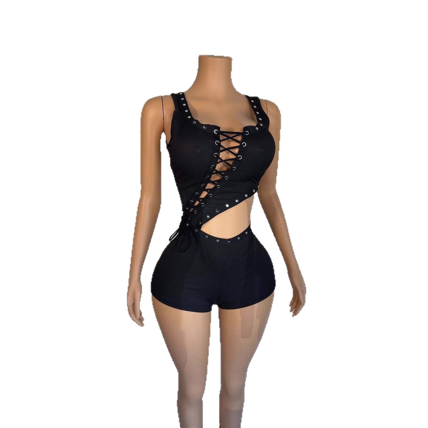Eyelet Lace Up Cutout Sleeveless Romper Shorts