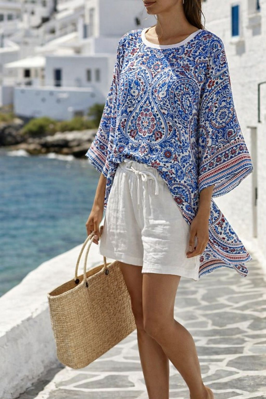 Boho Striped Batwing Beach Two Piece Short Set