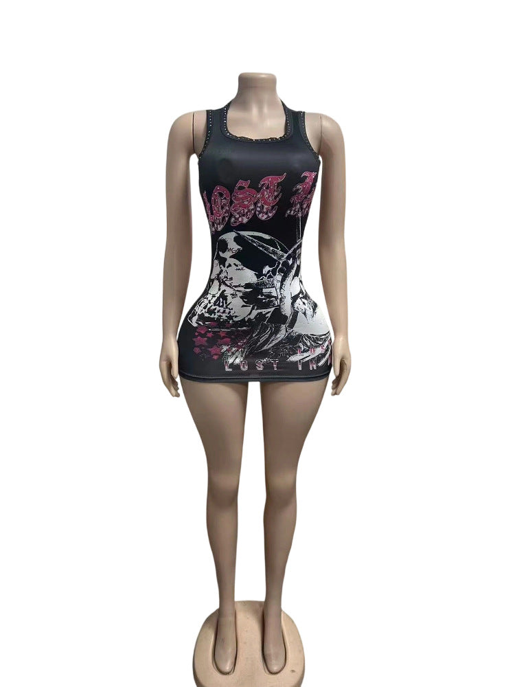 Lost Intricacy Rhinestone Skull Print Bodycon Mini Dress Women