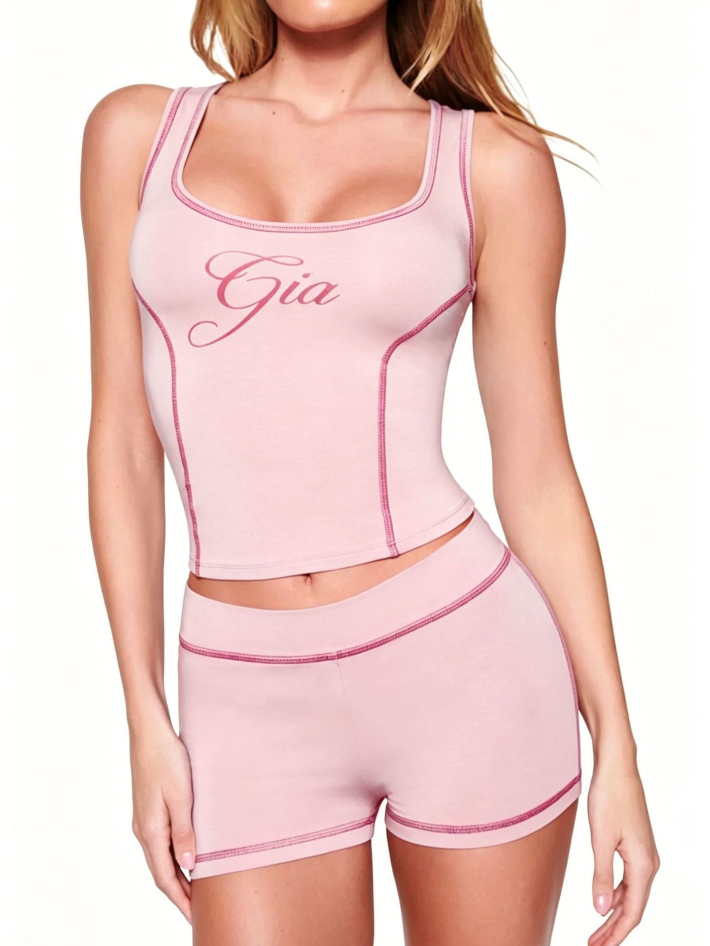 I.AM.GIA Contrast Piping Letter Print Square Neck Tank Short 2 Piece Set